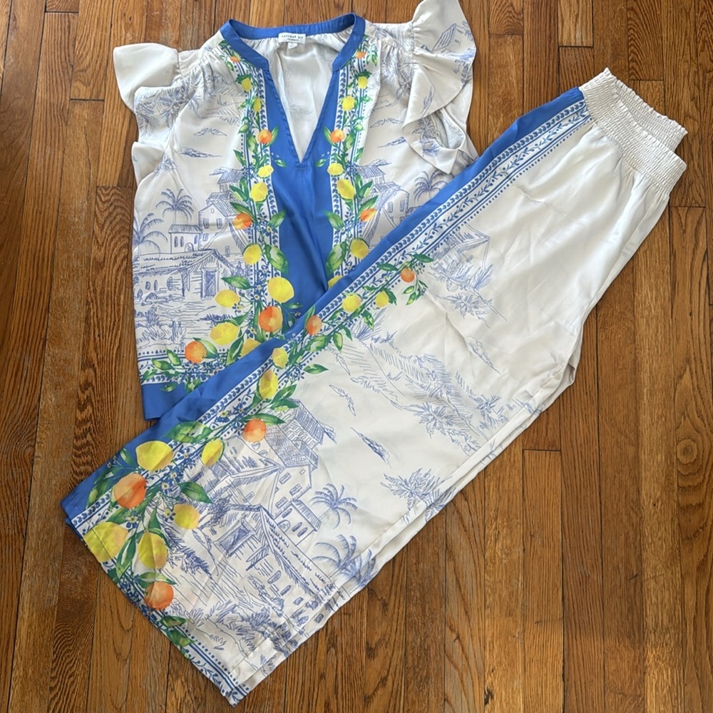Current Air Anthropologie amalfi citrus Resortwear vacation lemon wide leg set L